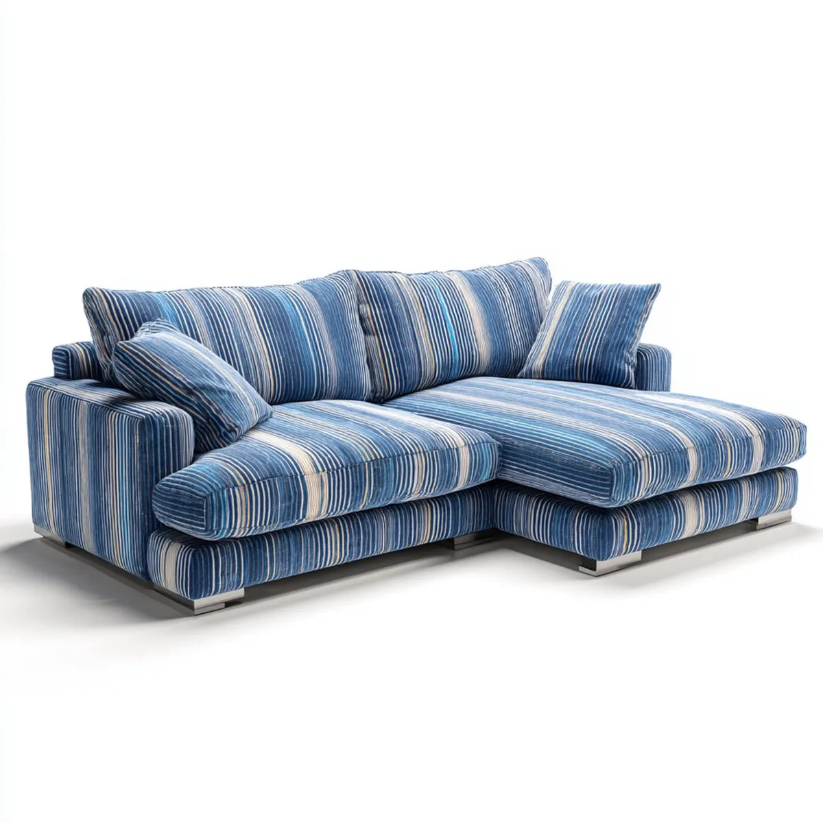Divano angolare con chaise longue blu a righe in poliestere 260 x 165 x 85 cm