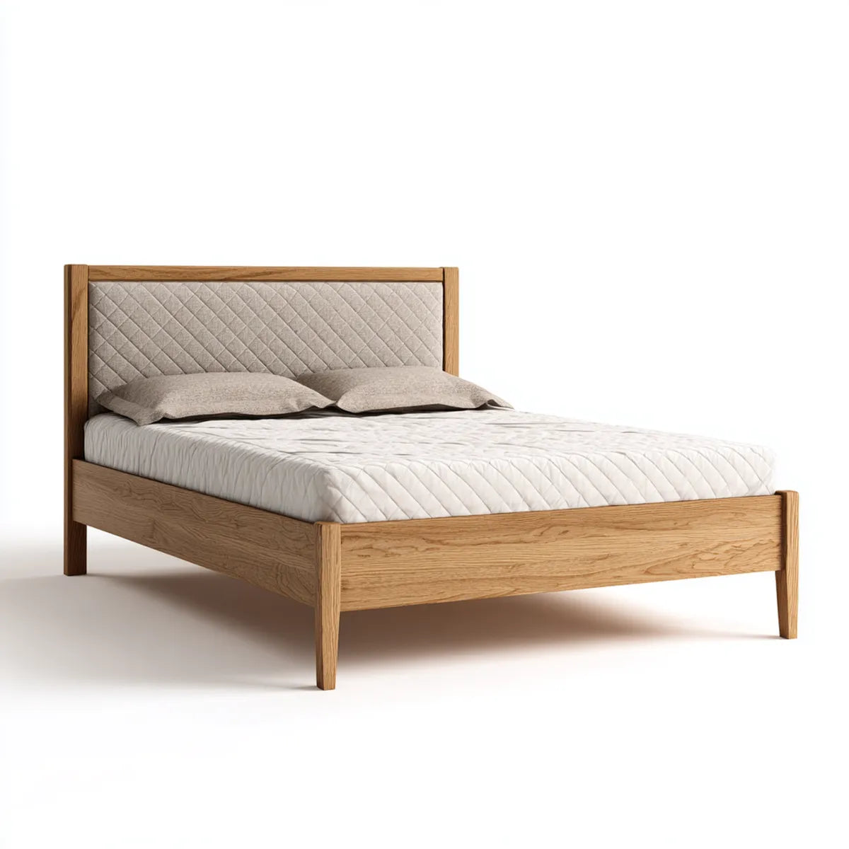 Letto matrimoniale in rovere naturale 160 x 200 cm con testiera imbottita rettangolare