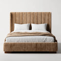 Letto matrimoniale imbottito beige 180 x 200 cm in velluto di poliestere con testiera rettangolare