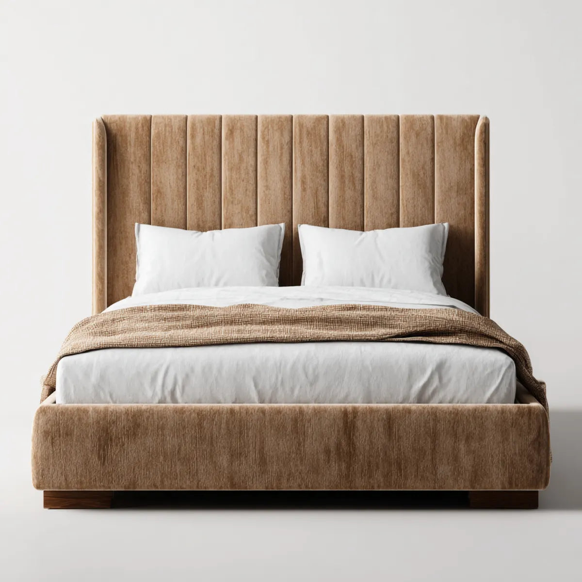 Letto matrimoniale imbottito beige 180 x 200 cm in velluto di poliestere con testiera rettangolare