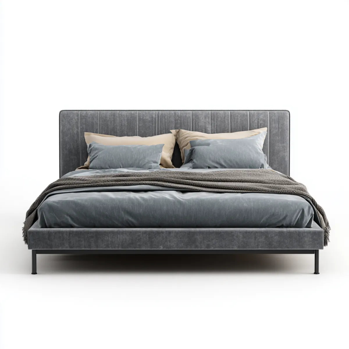 Letto matrimoniale imbottito grigio 160 x 200 cm in velluto di poliestere rettangolare