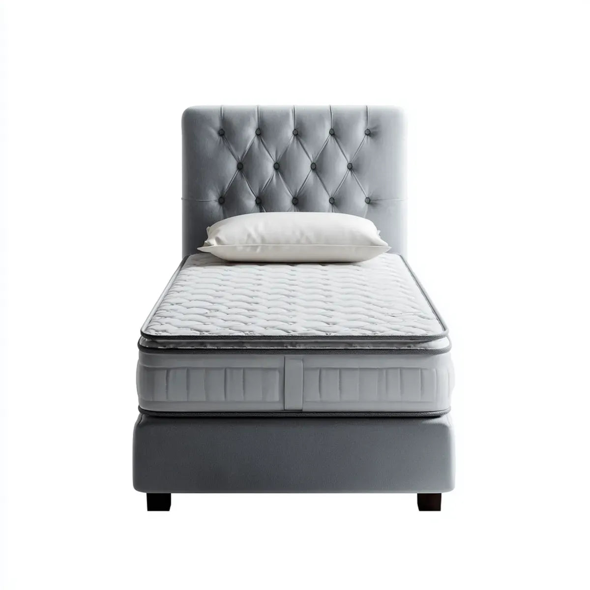 Letto singolo imbottito grigio 90 x 190 cm in velluto di poliestere rettangolare con materasso