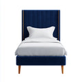 Letto singolo imbottito blu navy in velluto di poliestere 100% con testiera rettangolare 90 x 190 cm