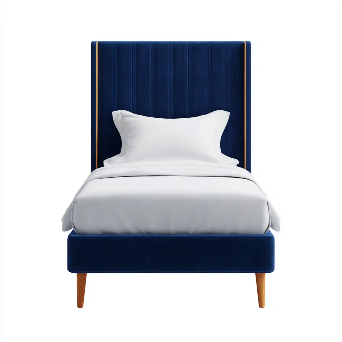 Letto singolo imbottito blu navy in velluto di poliestere 100% con testiera rettangolare 90 x 190 cm
