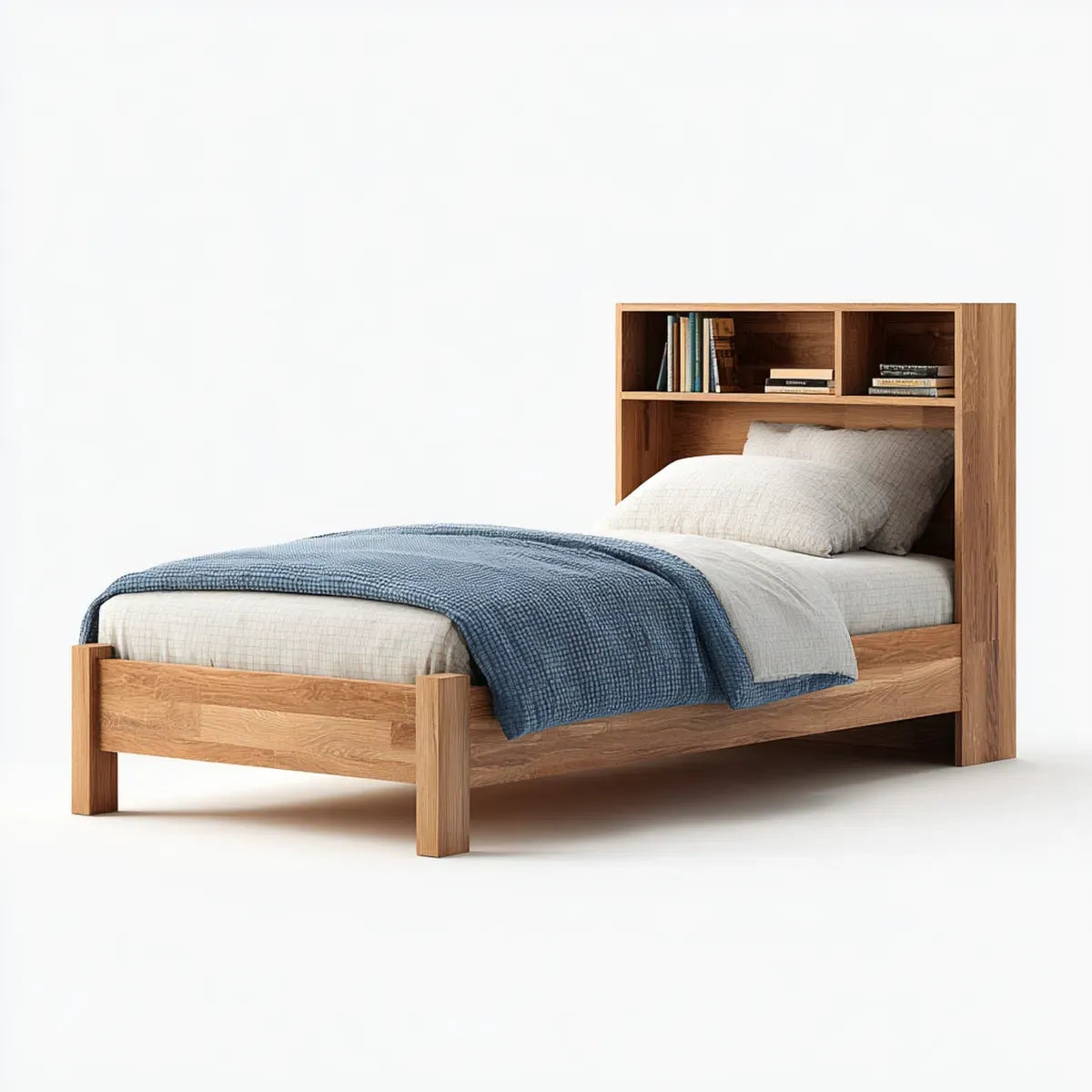 Letto singolo con libreria rovere naturale 90 x 190 cm in legno massello rettangolare