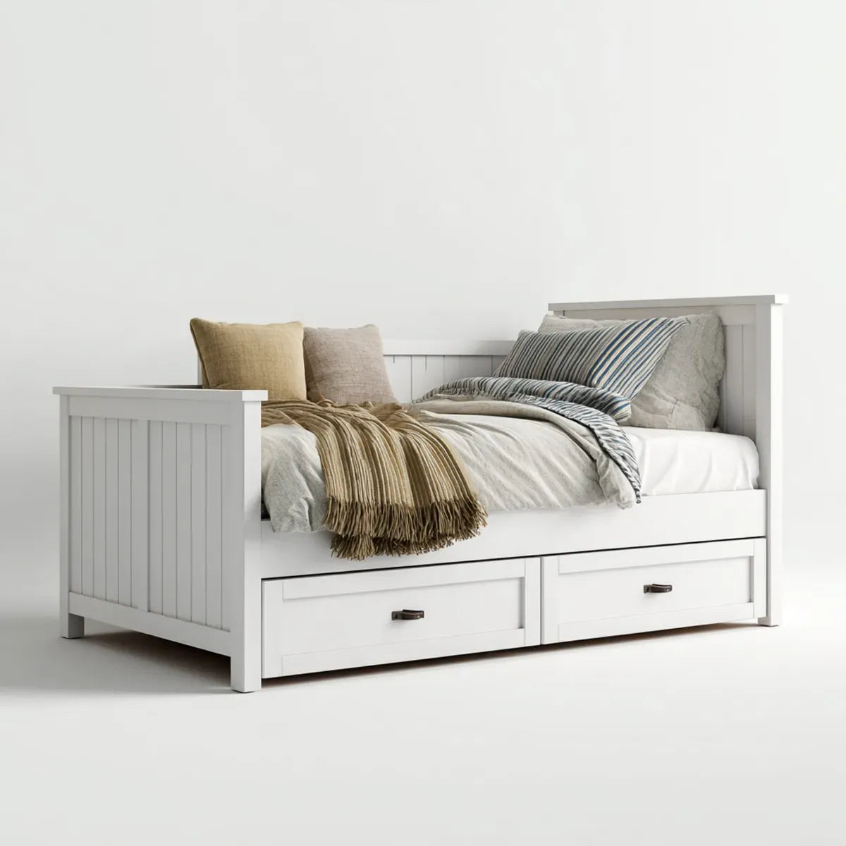 Letto singolo con 2 cassetti bianco 90 x 200 cm in pino massello e MDF rettangolare