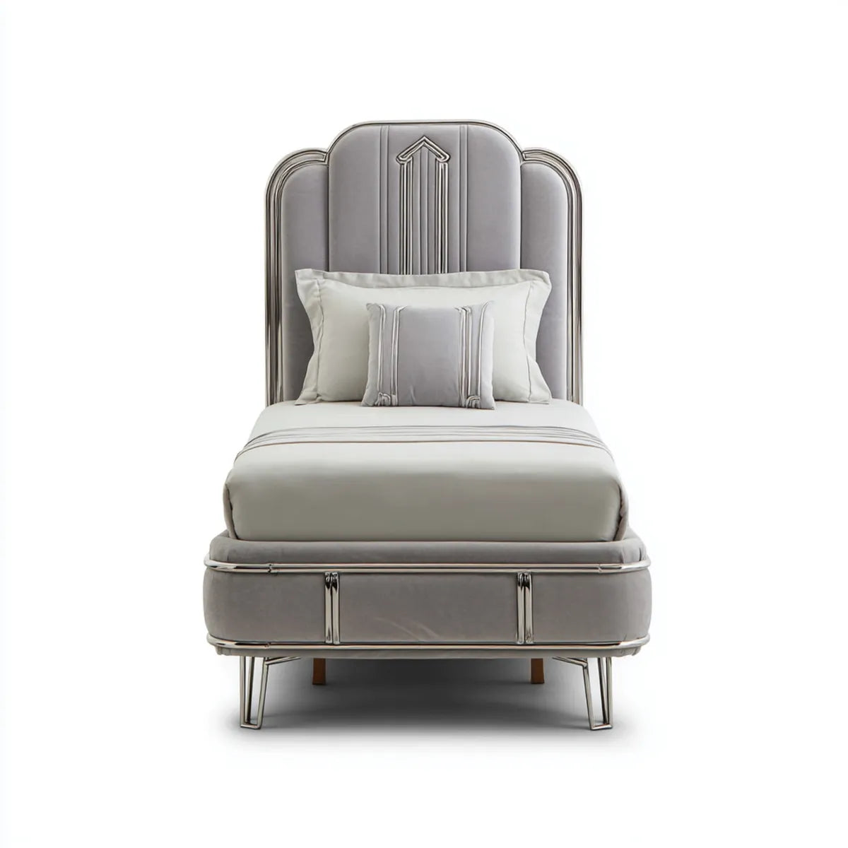 Letto singolo imbottito grigio 90 x 200 cm in pelle sintetica PU con testiera sagomata